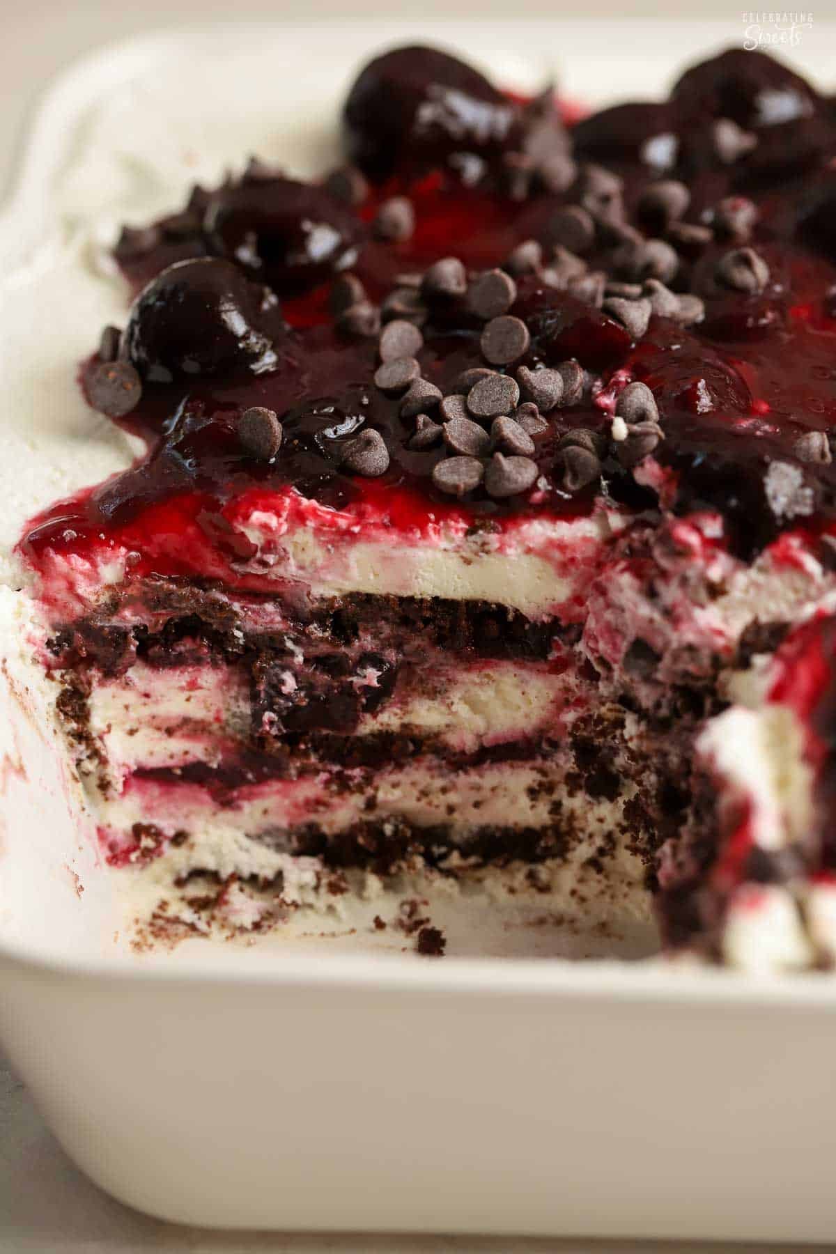 Black forest icebox cake in a white pan.