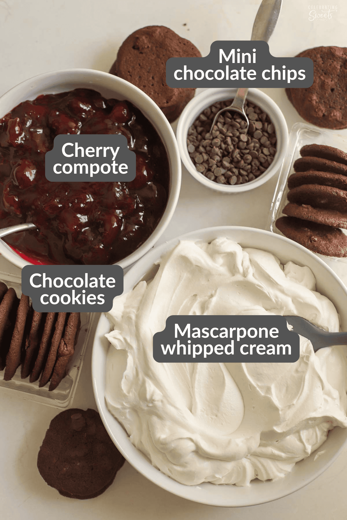 Ingredients for a black forest icebox cake (whipped cream, chocolate cookies, cherry compote).